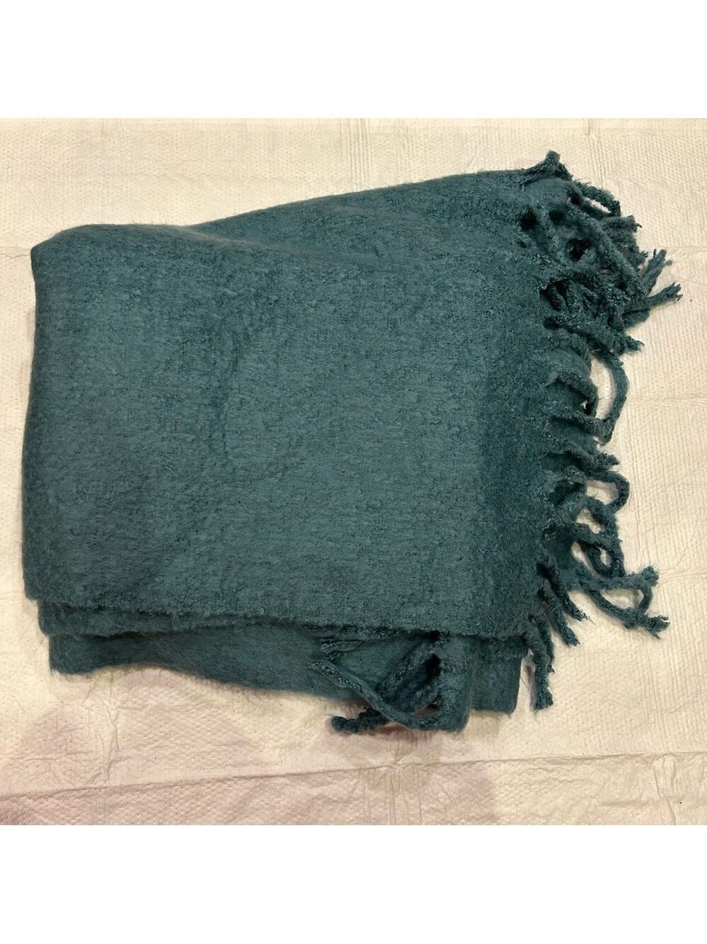 Pottery Barn Throw Blanket with Fringe Teal  Very Soft Cosy 50x70” Acrylic